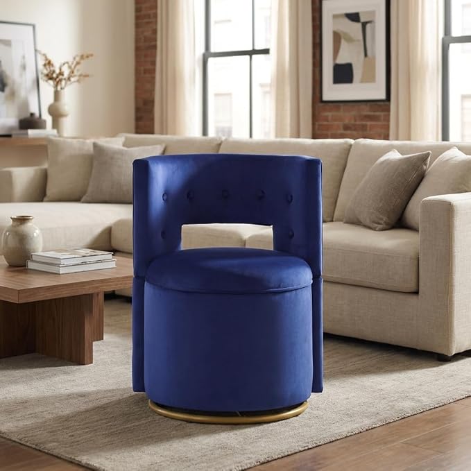 Vanity Chair with Storage Velvet Button Tufed Upholstered Vanity Chair with Gold Metal Swivel Base Hollow Back (Blue)