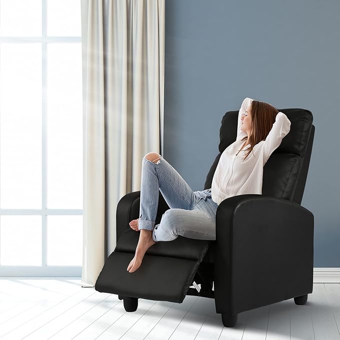 HCY Massage Recliner Chair Padded Wide Seat Sofa Wingback Single Sofa with Footrest PU Leather for Living RoomHome Theater(Black)