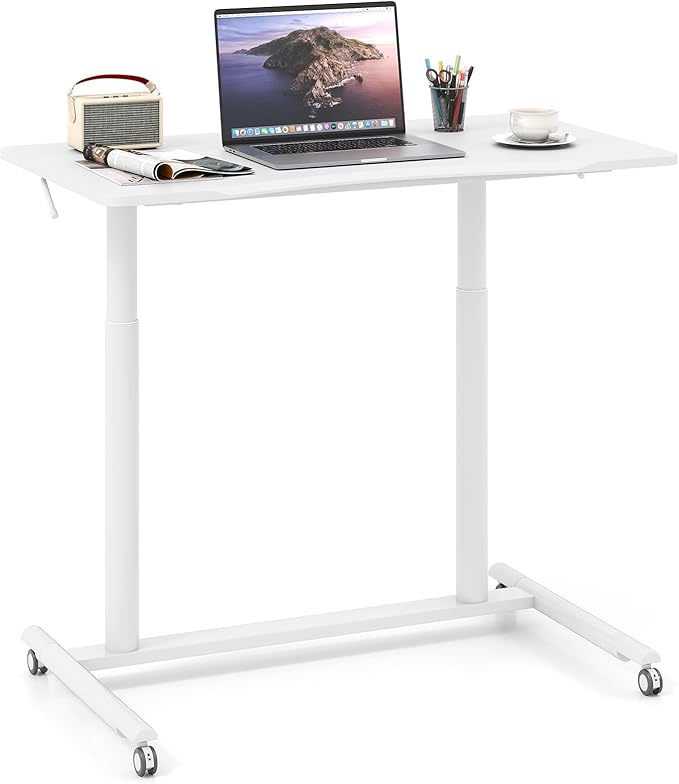 Giantex Mobile Standing Desk Height Adjustable Computer Desk with Wheels &amp Aluminum Frame C Shaped Sofa Side Table Portable Laptop PC Workstation Compact Rolling Desk for Small Space (White)