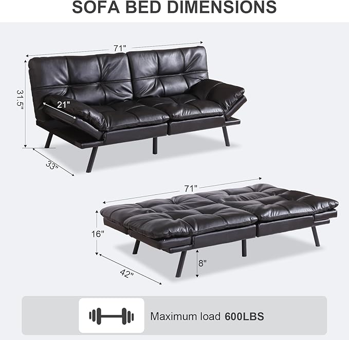 Vipbear Futon Sofa Bed Couch 71 Convertible Sofa Bed Space-Saving Loveseat with Adjustable Backrest &amp Armrest for Living RoomApartmentOfficeBlack Sleeper Sofa
