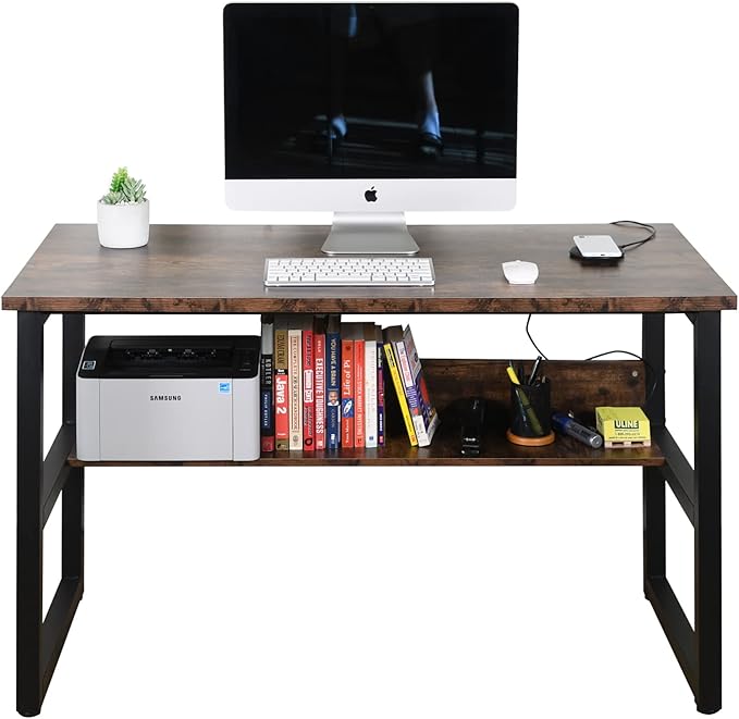 Computer Study Desk with Bookshelf Large Home Office Desk with Storage and Shelf Industrial Study Writing Drawing Table with Space Saving Design Modern Simple Style Laptop Table