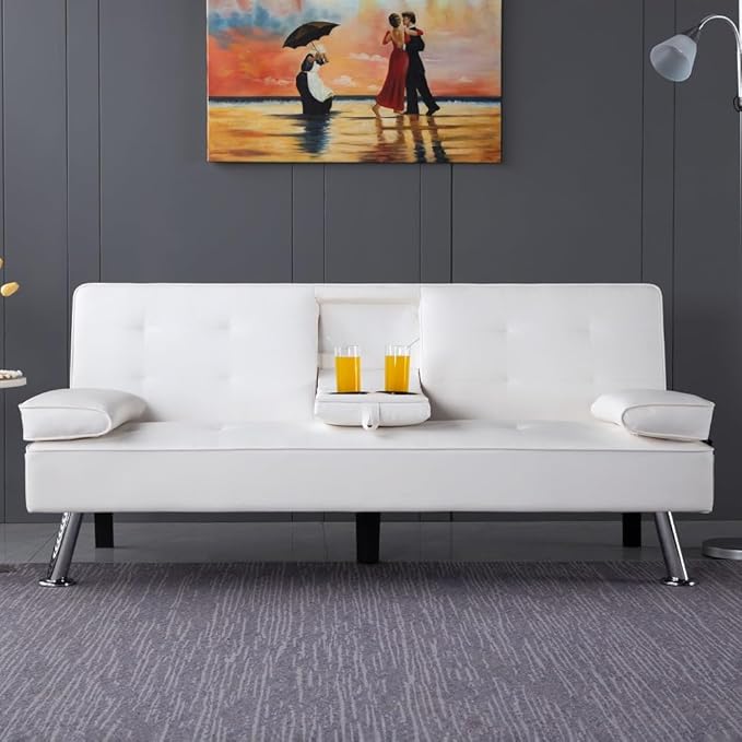 Sofa Bed Adjustment Sofa Double-Sided Double Sofa Folding Sofa Bed GuestbedcupholderBed Modern PU and Polyester Lounge Chair (White)