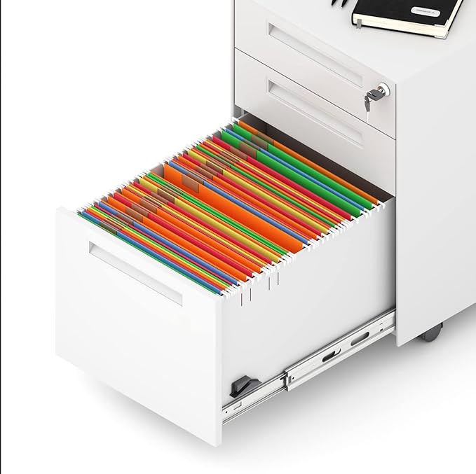 3 Drawer Metal Mobile Vertical Locking File Cabinet with Lock Under Desk Rolling Filing Cabinets for for Home OfficeFully Assembled Except WheelsAnti Tilting Waterproof Moisture Proof