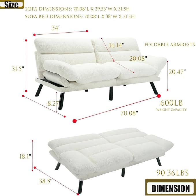 White Modern Teddy Velvet Convertible Folding Futon Couch Sofa Bed Adjustable Pillow Top Arm Memory Foam Couch Double Love Seat Sofa for Compact Space Dorm Apartment Bedroom Loveseat (White)