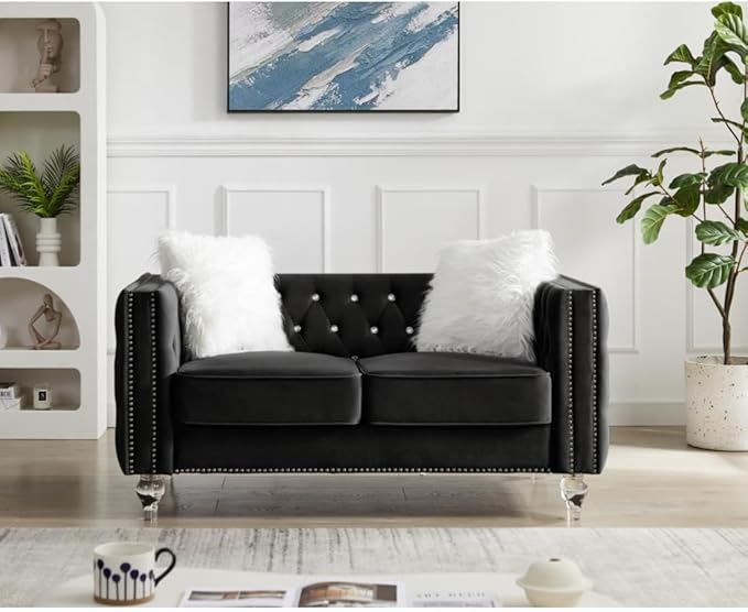 i-POOK 60 2-Seater Chesterfield Sofa Tufted Velvet Loveseat Sofa Couch with 2 Plush Pillows Crystal Legs and Nailhead Trim Arms Diamond Comfy Sofa for Living Room Office Guests Room Black