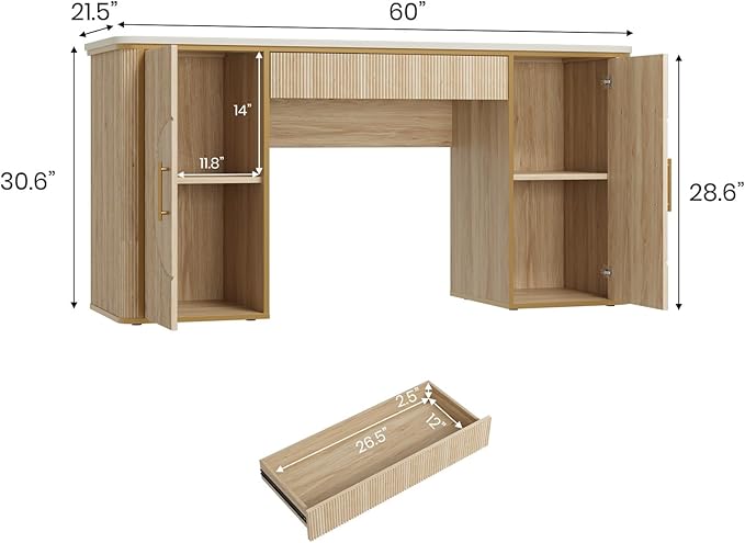 60 Fluted Computer Desk Wooden Long Home Office Writing Desk with Drawer &amp Storage Cabinet Modern Writing Table with Charging Station High Executive Desk for OfficeBedroom Nature Oak