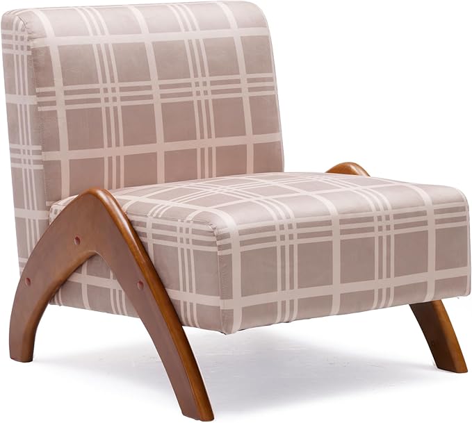 Oversized Accent Chair upholstered armless mid Century Modern Living Room Chair with Wooden Legs for Bedroom/Office/Cafe Plaid Camel