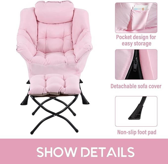 LITA Lazy Chair with Ottoman Modern Accent Leisure Upholstered Sofa Contemporary Lounge Reading Chair with Armrests and a Side Pocket for Living Room Bedroom &amp Small Space Pink