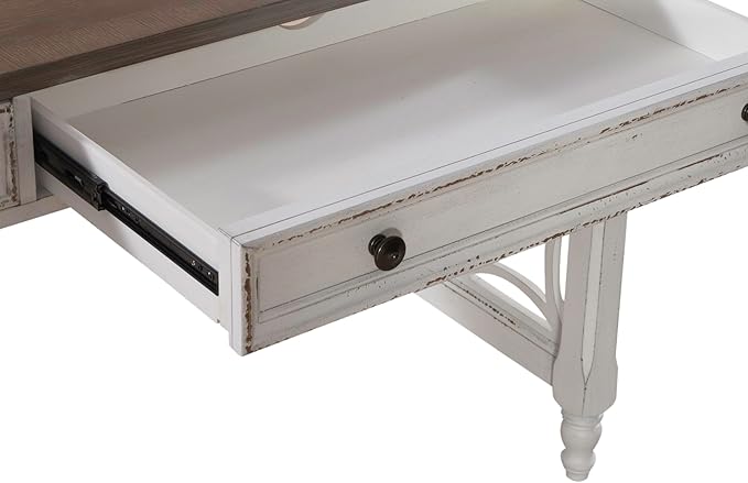 Liberty Furniture Magnolia Manor 4 Piece Opt L Shaped Writing Desk Set Keyboard Tray European Traditional Home Office - Antique White &amp Weathered Bark Oak Wood