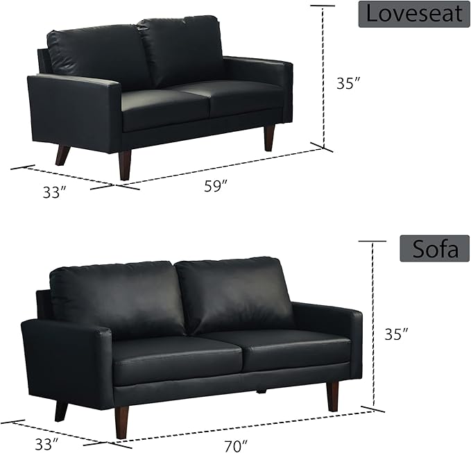 INSTORY Leather Sofa Modern Couch with Wooden Legs for Living Room Office - Black