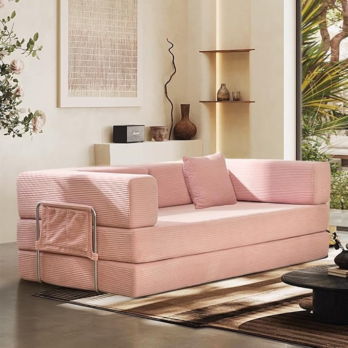 Convertible Sleeper Sofa Bed Corduroy Upholstered Modular Floor Couch Queen/King Size Foldable Futon with futon Memory Foam for Apartment Living Room Bedroom (Pink 80.15) | Convertible sofa bed