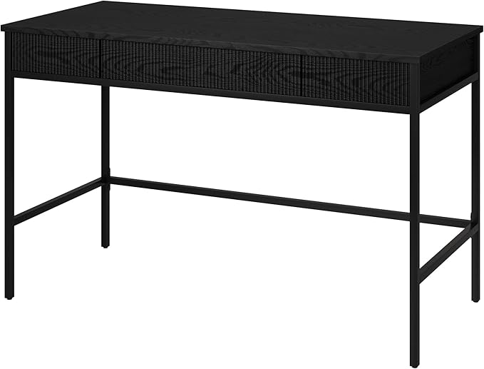 Henn&ampHart 48 Fluted Mid-Century Modern Rectangular Wooden Home Office Desk Computer Desk Writing Table with 3 Ribbed Storage Drawers for Bedroom Living Room or Home Office Ebony