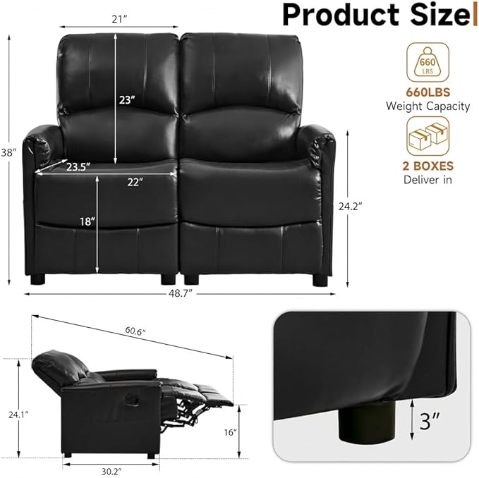 Manual Reclining Loveseat Sofa 2-Seater Recliner Couch with Overstuffed Backrest PU Leather Upholstered Double Recliner for Living Room RV Small Spaces Black