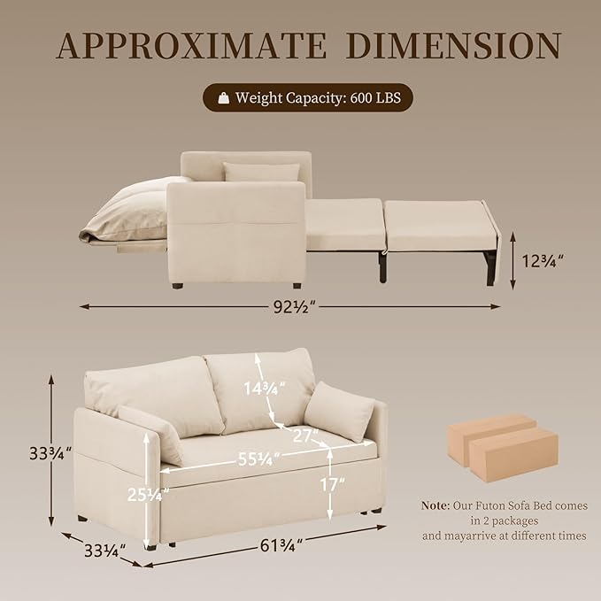 Furnimart 62 Queen Sleeper Sofa 3 in 1 Convertible Loveseat Sleeper Pull Out Sofa Bed with 6-Position Adjustable Backrest Modern Futon Couch for Living Room Apartment RV Linen Beige