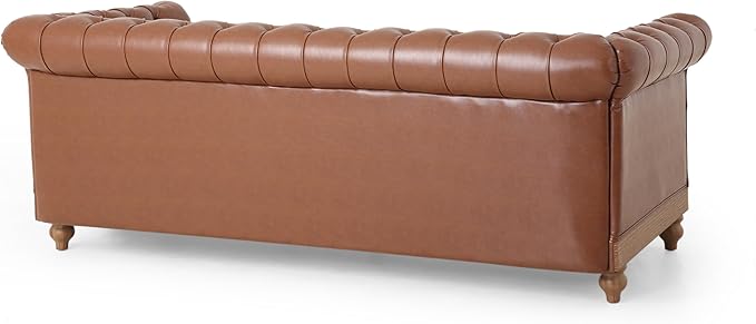 Merax 3 Seat PU Chesterfield Sofa Retro Style Upholstered Leather Couch Rolled Arm for Living Room Bedroom Office Light Brown