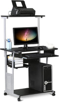 Yaheetech 2 Tier Mobile Computer Desk with Printer Shelf &amp Keyboard Tray Rolling Computer Table for Small Spaces Compact Study Workstation with Wheels Space Saving Black