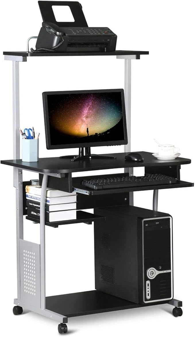 Yaheetech 2 Tier Mobile Computer Desk with Printer Shelf &amp Keyboard Tray Rolling Computer Table for Small Spaces Compact Study Workstation with Wheels Space Saving Black