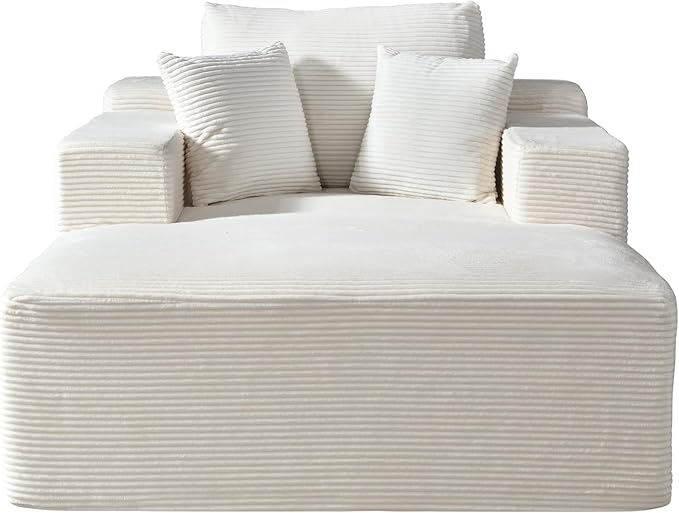 Monroe Convertible Chaise Lounge Chair Indoor – Oversized Corduroy Couch with Wide Armrest &amp Throw Pillows Cozy Boneless Sleeper Sofa Bed Armchair Beige