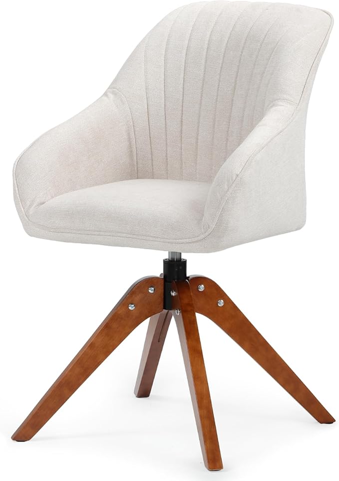 Athena Collection Swivel Modern Accent Chair Linen Upholstered Armchair Office Desk Chair No Wheels with Wooden Legs Comfy Vanity Chair Reading Chair for Bedroom Living Room Office White