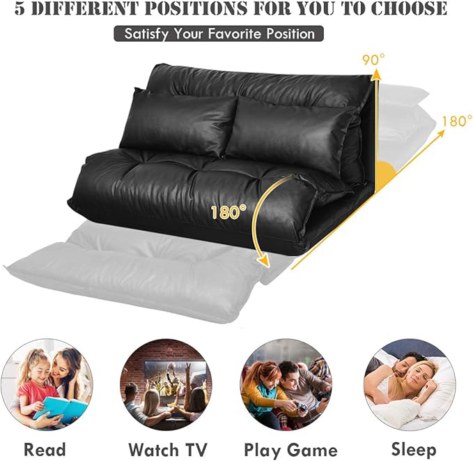 Giantex Convertible Sofa Bed Floor Couch with 2 Pillows PU Leather Loveseat Recliner Folding Lazy Sleeper Sofa 5 Position Video Gaming Sofa Mattress for Reading Living Room Bedroom