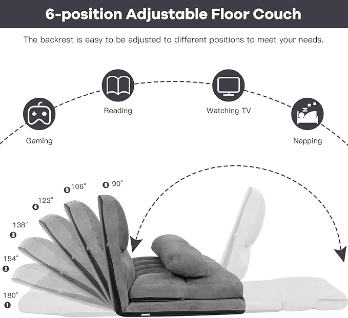 COSTWAY Floor Sofa Couch with 2 Pillows Foldable 6-Position Adjustable Lazy Sofa Bed Sleeper with Metal Frame Soft Suede Fabric Gaming Playing Lounge Recliner for Adults (Grey)