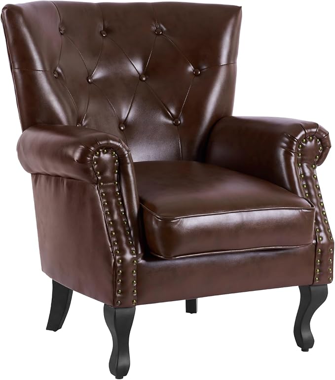 MOJAY PU Leather Accent Chair Mid-Century Modern Armchair Living Room Club Chair with Tufted Button &amp Rivet Trim Upholstered Sofa Chair with Sturdy Wood Legs for Bedroom (Reddish Brown)
