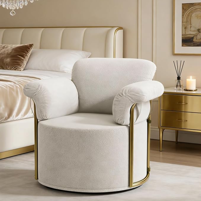 Swivel Accent Chair 360° Bouclé Barrel Chair with Sturdy Metal Frame White Round Accent Chair with Deep Seat &amp Thick Armrests Soft Reading Lounge Chair for Bedroom Living Room Office