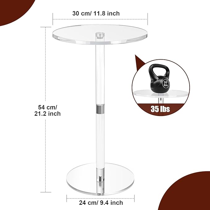 11.8 Round Clear Acrylic End Table - Modern Small Space Side Table for Living Room Bedroom Office Outdoor | Sturdy Easy to Install Multi-Purpose