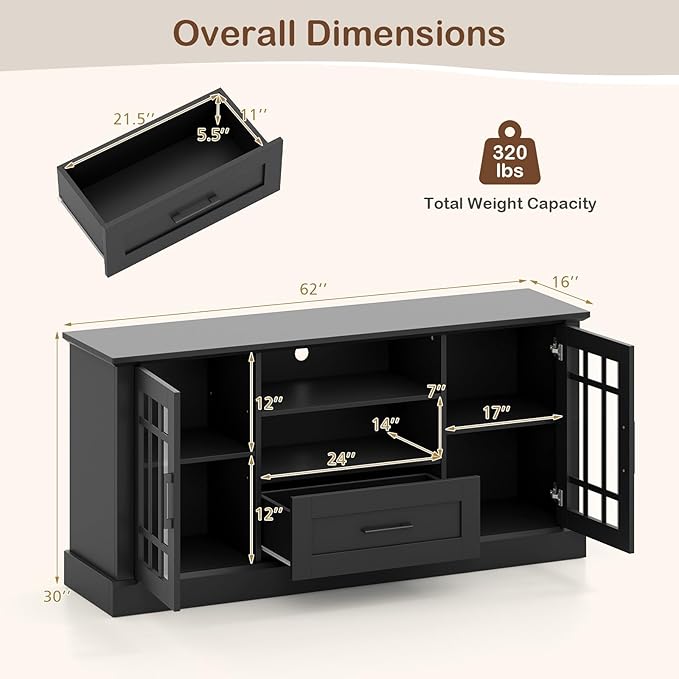 Tangkula Farmhouse TV Stand for TV up to 65 70 Inches Tall Media Console Table with 2 Glass Storage Cabinets 1 Drawer &amp 2 Open Shelves Wooden Entertainment Center for Living Room (Black)
