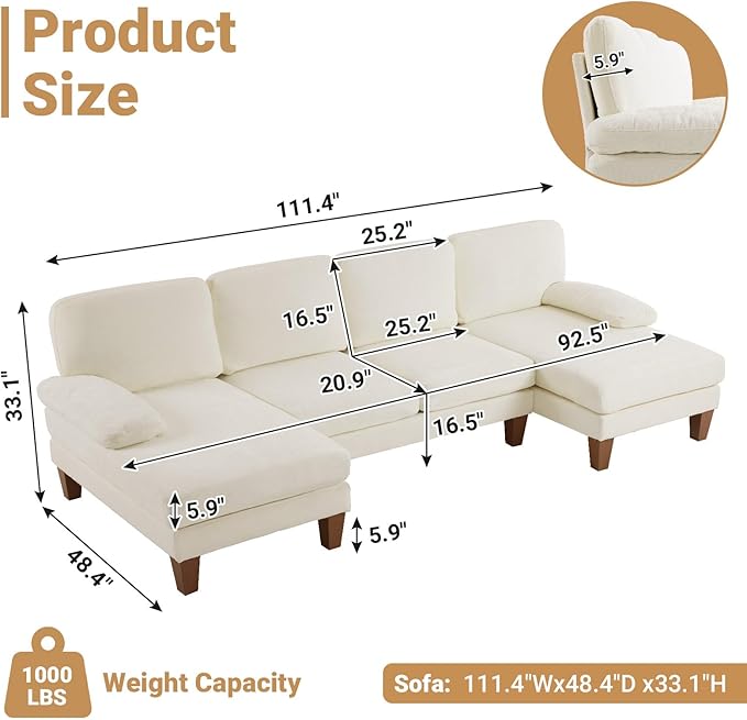 VINGLI 110 Sectional Couches for Living RoomU Shaped Couch with Double Chaise 4-Seat Sofa Set with Chenille Fabric for Home FurnitureBeige