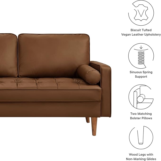 Modway Valour 62 Inch Faux Leather Loveseat in Brown – Wide Faux Leather Loveseat Sofa with Wood Legs - Small 2-Seater Sofa with Tufted Seat for Living Room or Office