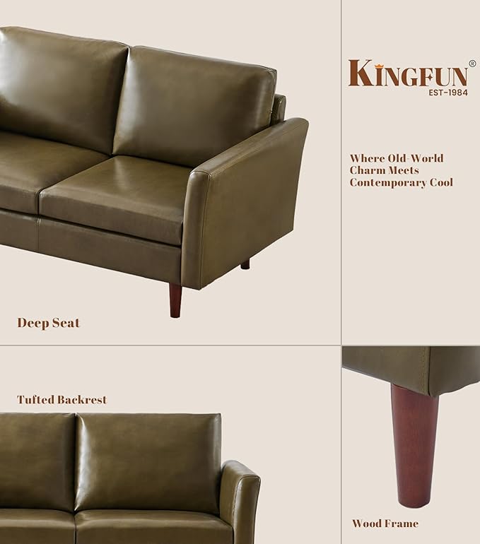 Kingfun Faux Leather 3 Seat Couch Set for Living Room Mid Century Modern Sofa with Rolled Arms and Deep Seats Fluffy Comfort for Apartment Easy to Assemble Olive Green Loveseat and Chair