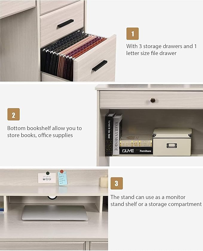 White Home Office Desk with 4 Drawers &amp Hutch Computer Table for Bedroom Off-White