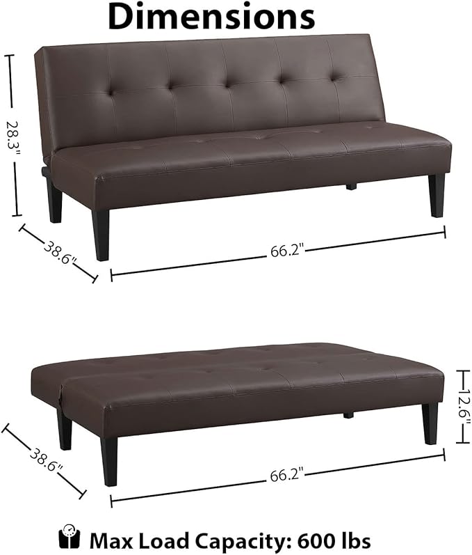 Naomi Home Button Tufted Futon Sofa Bed Espresso Faux Leather 3-Position Convertible Space-Saving 66.1 W