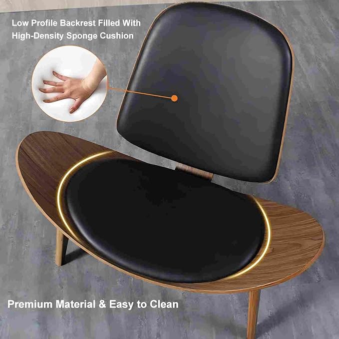 homary Leather Walnut Tripod Accent Chair High Back Lounge Chair with Soft Faux Leather Seat Sturdy Wood Frame for Living Room Bedroom (Black)