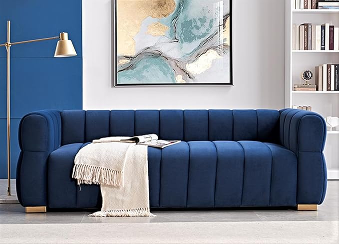 Art Deco Velvet Sofa with Tufted Low Back Design Sophisticated 3 Seater Couch for Living Rooms 89 Inch Wide Easy Assembly Blue