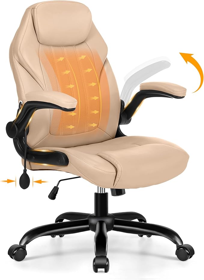 Office Desk Chair Ergonomic Computer Chair with Padded Flip-Up Arms and Adjustable Lumbar Support PU Leather Executive Chair with Tilt Lock and 360° Swivel Rolling Wheels for Work Study