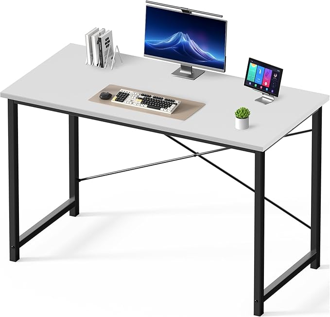 Sweetcrispy Small Computer Desk47 Inch Office Writing Work Desk with Metal Frame Wooden Tabletop Student Study Home Bedroom Table with X-Shaped Reinforcement White