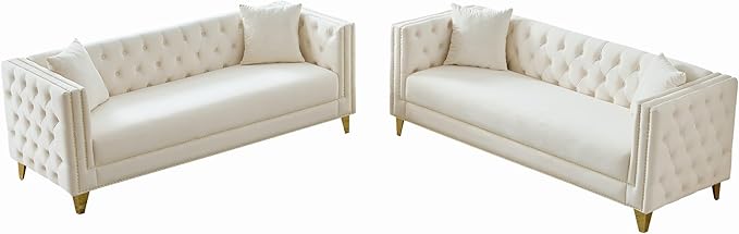 DEINPPA 2 Piece Chesterfield Couch Sets Velvet 3 Seater Sofa Set with Throw Pillows Comfy Couch with Nailhead Trim and Metal Legs for Living Room/Apartment/Office-Beige