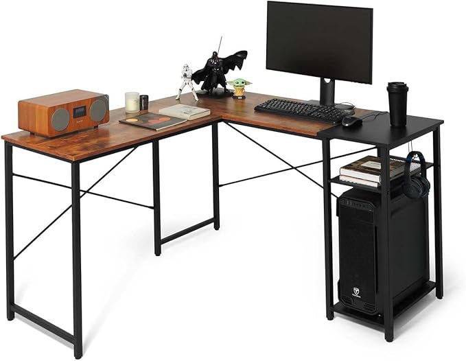 CAPHAUS 51 Inch L-Shaped Desk with 2-Tier Shelves &amp 220lbs Capacity - Home Office/Gaming/Study Corner Workstation Easy Assembly P2 Board Headphone Hook Industrial Design Rustic Oak and Black