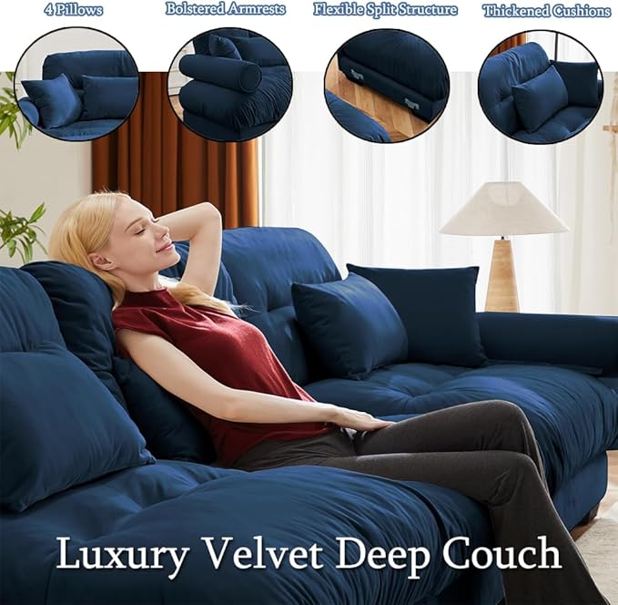Luxury Loveseat Sofa CouchOversized Love seat Sofas with Waist Pillows and Throw PillowsComfy Velvet Deep 2-Seat Cloud Couch with Bolstered ArmrestsComfy Cloud Couches (Blue 93.7”)
