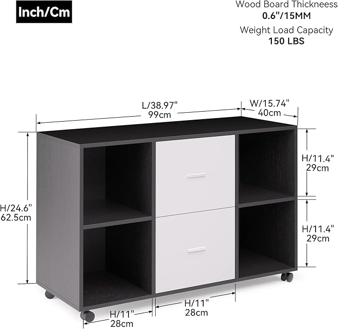 Mobile Wood Filing Cabinet with 2 Drawers and 4 Open Storage cabinets and Wheels for Home Office Black Oak Light Grey