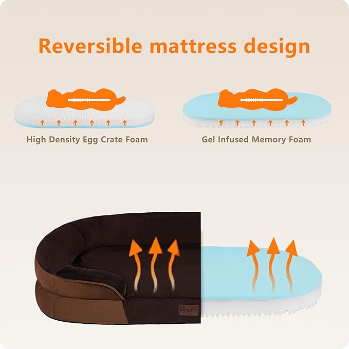 Dwanton Orthopedic Dog Bed for Large Dogs with Gel Memory Foam Waterproof Dog Sofa Washable Pet Bed with Four Sided Bolster Cushion Removable Cover &amp Non-Slip Bottom 42 Brown