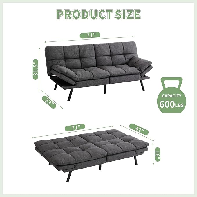 MUUEGM Convertible Futon Sofa Bed71 Memory Foam Futon CouchLinen Modern Loveseat Sleeper Couch with Adjustable Backrest &amp ArmrestDetachable Cushion for Living RoomOfficeApartmentGrey