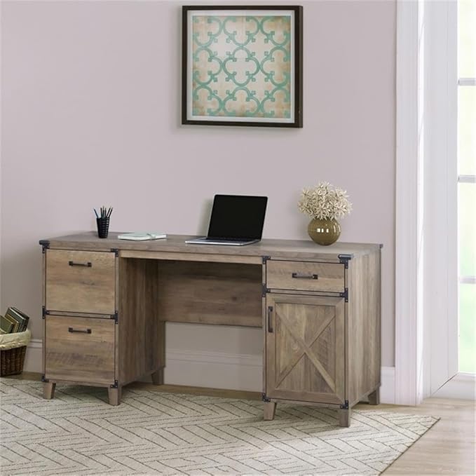 Pemberly Row Farmhouse Engineered Wood Executive Desk Rustic Oak Finish 59.4 W x 23.8 D x 29.7 H Spacious Storage with File Drawers Accessory Drawer Cabinet Home Office Furniture