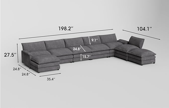 JUMMICO 198” Modular Oversized Sectional Sofa Couch Modern Wide Arm Deep Seat and Reversible Ottoman Sleeper Sofa Chenille Fabric for Living Room Apartment (Grey Oversized Sofa)
