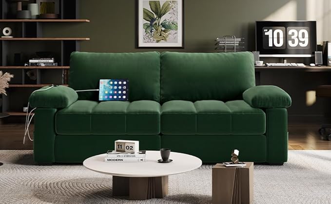 Yaheetech 79 Velvet Modern Sofa Couch with Storage Pockets and USB Ports 2 Seater Comfy Loveseat Sleeper with Removable Armrest Pillow &amp Cover for Living Room Apartment Bedroom Green
