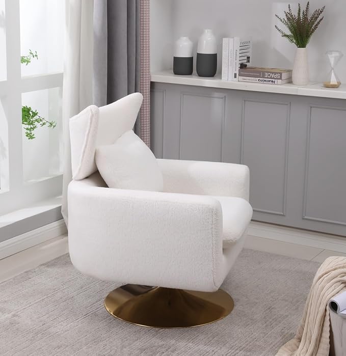 Swivel Accent Chair Armchair Classic Mid-Century 360 Degree Swivel Sofa ChairUpholstered Accent ChairTeddy Fabric Leisure Chair for Living RoomBedroom Office (White + Fabric)