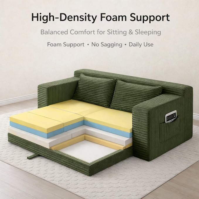 73INCH 2 in 1 Convertible Folding Couch Bed Corduroy Sleeper Sofa with Pull-Out Bed No Assembly Floor Sofa for Living Room Apartment &amp Small Spaces (Green)