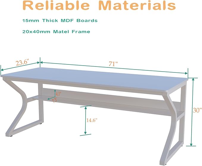 Extra Long Desk with Bookshelf - 71 Double Long Writing Table for 2-Person Workstation Modern Study Work Computer Desk for Home and Office Warm White